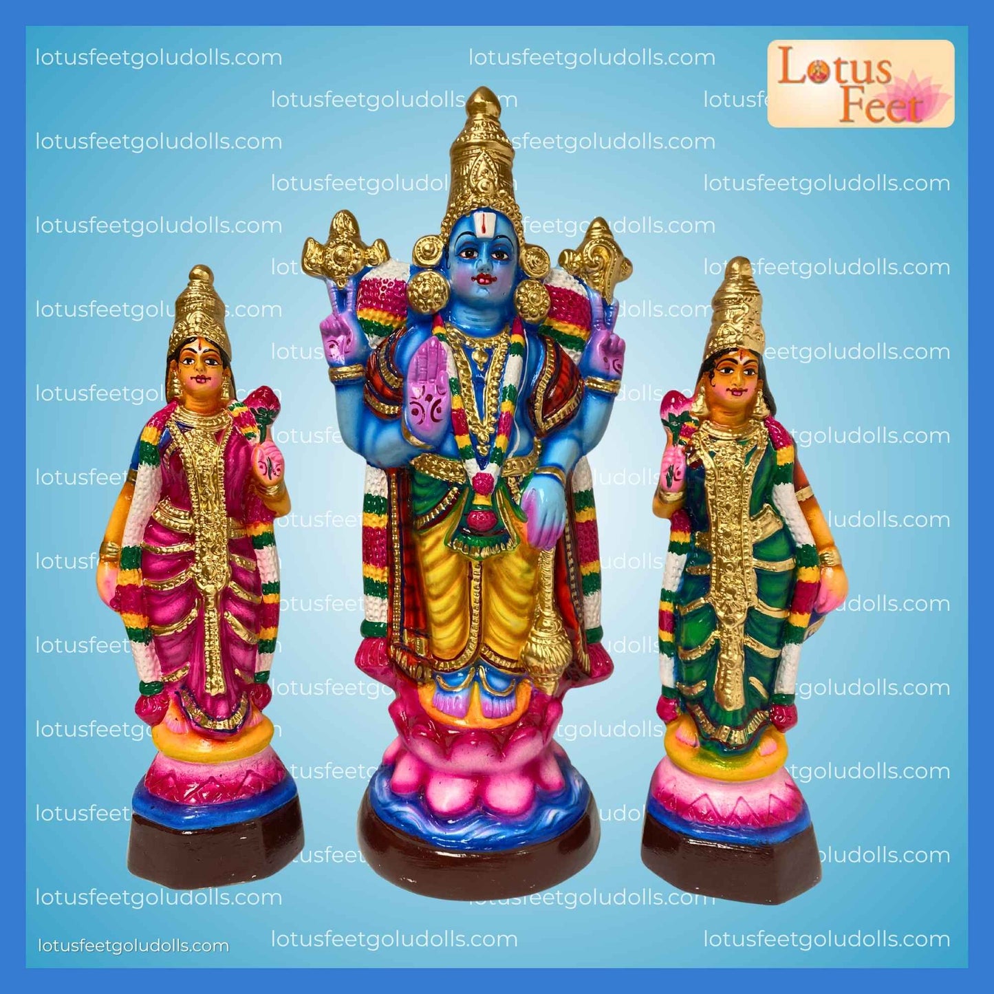 Grace of Sridevi & Bhudevi with Lord Vishnu - 3 Dolls Set (Paper Mache)