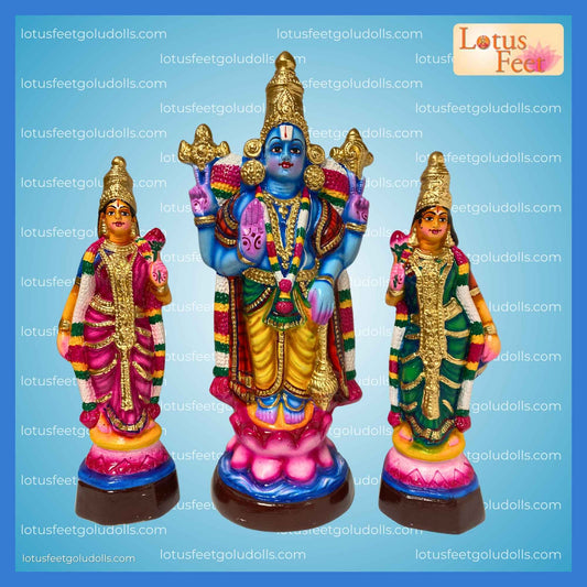 Grace of Sridevi & Bhudevi with Lord Vishnu - 3 Dolls Set (Paper Mache)